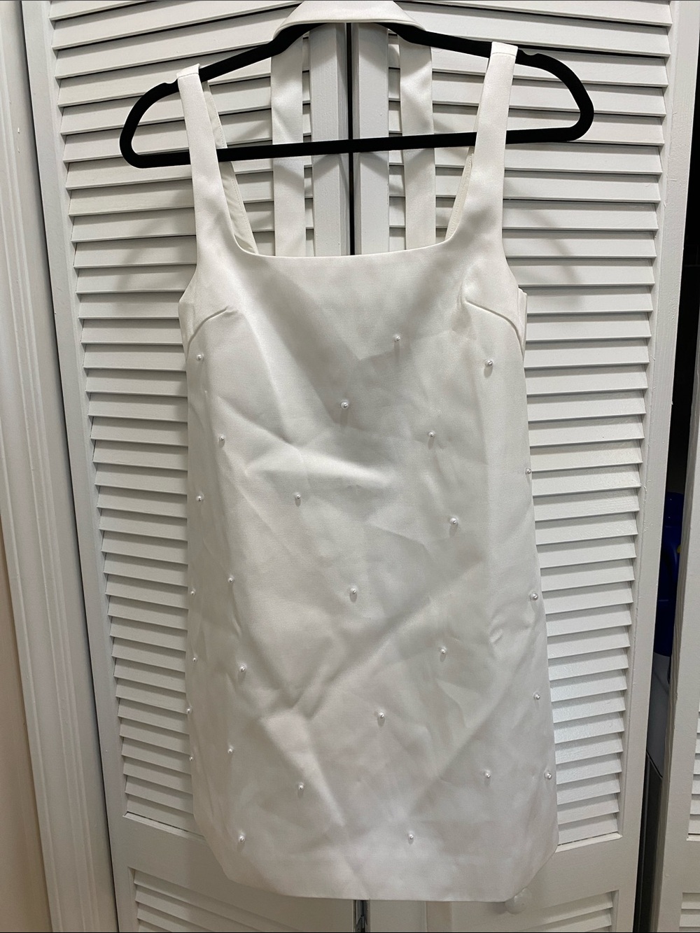 Pearl-Accent White Mini Dress with Square Neck